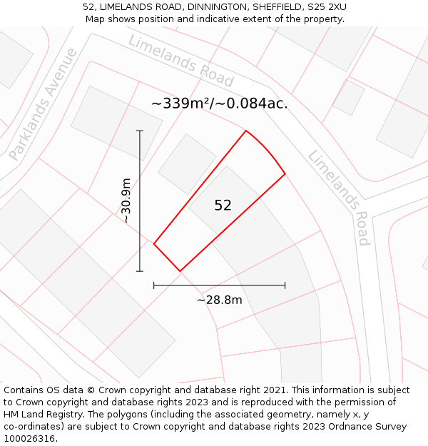 52, LIMELANDS ROAD, DINNINGTON, SHEFFIELD, S25 2XU: Plot and title map