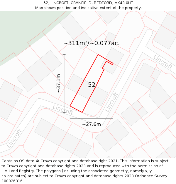 52, LINCROFT, CRANFIELD, BEDFORD, MK43 0HT: Plot and title map