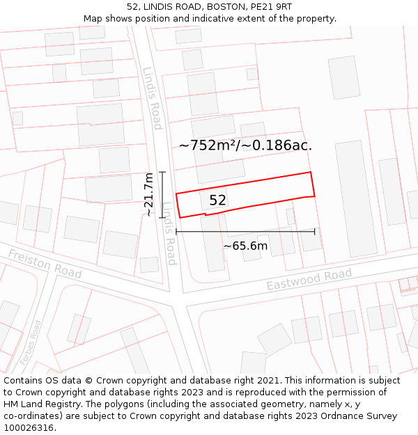 52, LINDIS ROAD, BOSTON, PE21 9RT: Plot and title map