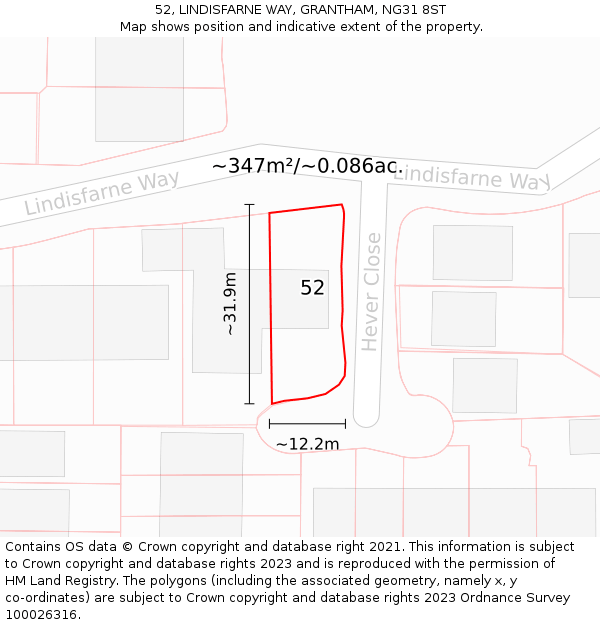 52, LINDISFARNE WAY, GRANTHAM, NG31 8ST: Plot and title map