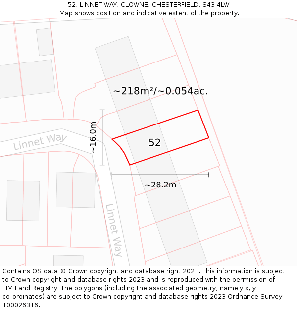 52, LINNET WAY, CLOWNE, CHESTERFIELD, S43 4LW: Plot and title map