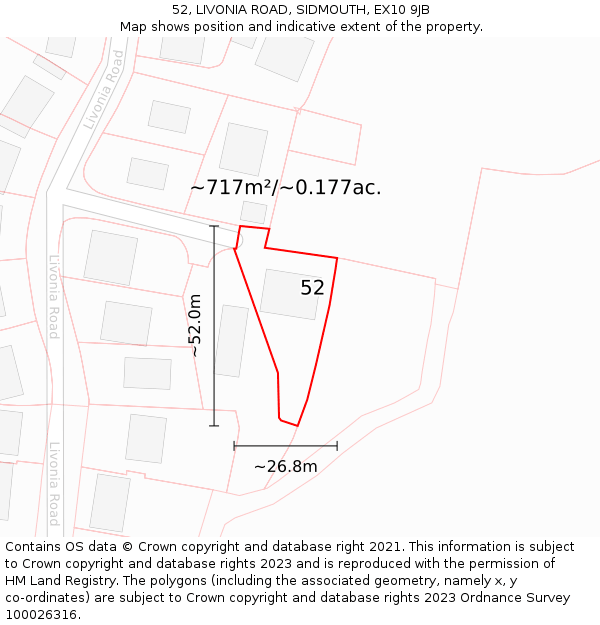 52, LIVONIA ROAD, SIDMOUTH, EX10 9JB: Plot and title map