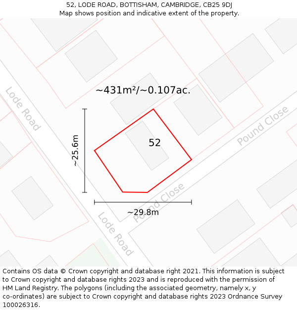 52, LODE ROAD, BOTTISHAM, CAMBRIDGE, CB25 9DJ: Plot and title map