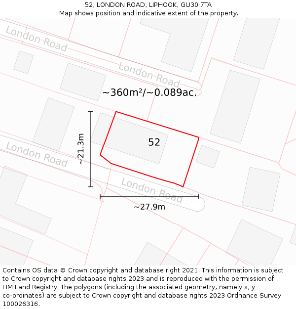52, LONDON ROAD, LIPHOOK, GU30 7TA: Plot and title map