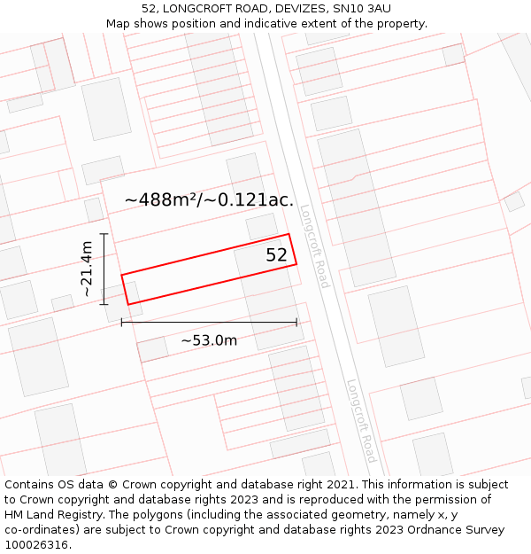 52, LONGCROFT ROAD, DEVIZES, SN10 3AU: Plot and title map
