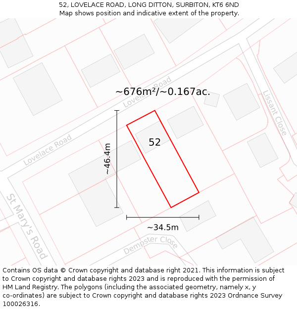 52, LOVELACE ROAD, LONG DITTON, SURBITON, KT6 6ND: Plot and title map