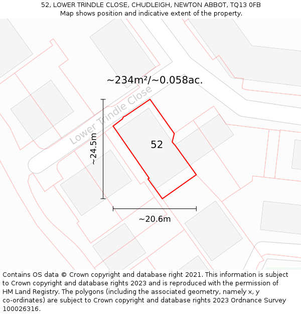 52, LOWER TRINDLE CLOSE, CHUDLEIGH, NEWTON ABBOT, TQ13 0FB: Plot and title map
