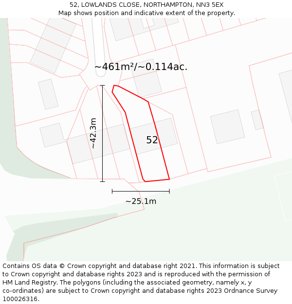 52, LOWLANDS CLOSE, NORTHAMPTON, NN3 5EX: Plot and title map