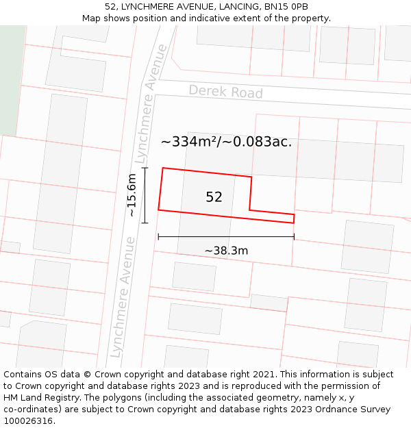52, LYNCHMERE AVENUE, LANCING, BN15 0PB: Plot and title map
