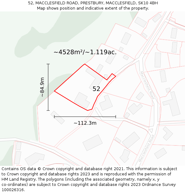 52, MACCLESFIELD ROAD, PRESTBURY, MACCLESFIELD, SK10 4BH: Plot and title map