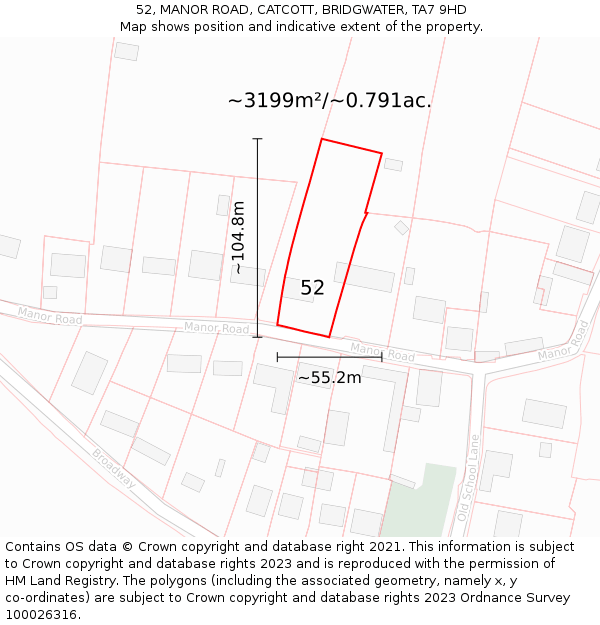 52, MANOR ROAD, CATCOTT, BRIDGWATER, TA7 9HD: Plot and title map