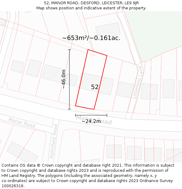 52, MANOR ROAD, DESFORD, LEICESTER, LE9 9JR: Plot and title map