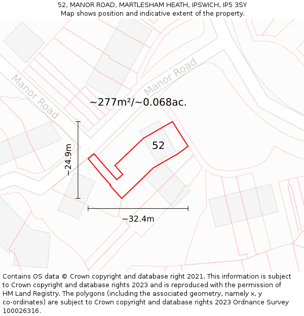 52, MANOR ROAD, MARTLESHAM HEATH, IPSWICH, IP5 3SY: Plot and title map