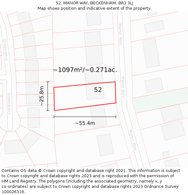 52, MANOR WAY, BECKENHAM, BR3 3LJ: Plot and title map