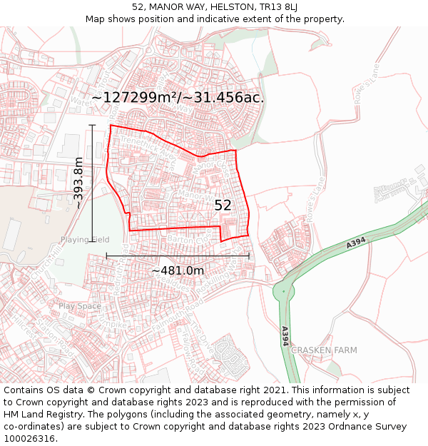 52, MANOR WAY, HELSTON, TR13 8LJ: Plot and title map