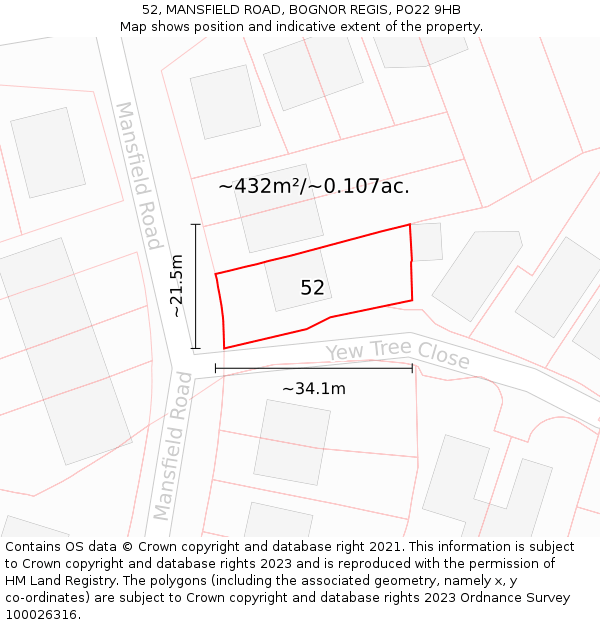 52, MANSFIELD ROAD, BOGNOR REGIS, PO22 9HB: Plot and title map