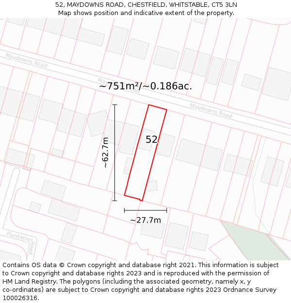 52, MAYDOWNS ROAD, CHESTFIELD, WHITSTABLE, CT5 3LN: Plot and title map
