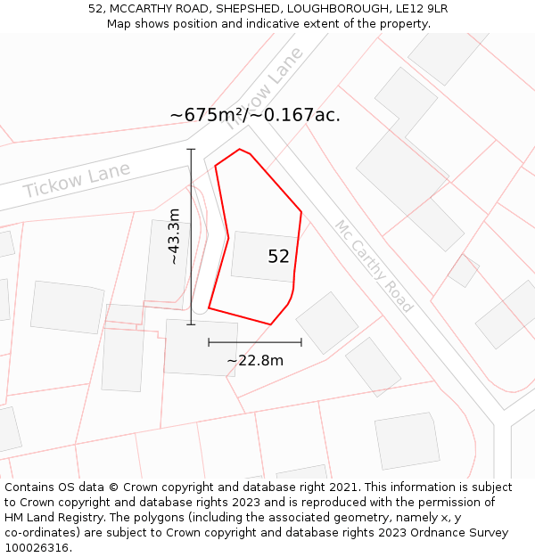 52, MCCARTHY ROAD, SHEPSHED, LOUGHBOROUGH, LE12 9LR: Plot and title map