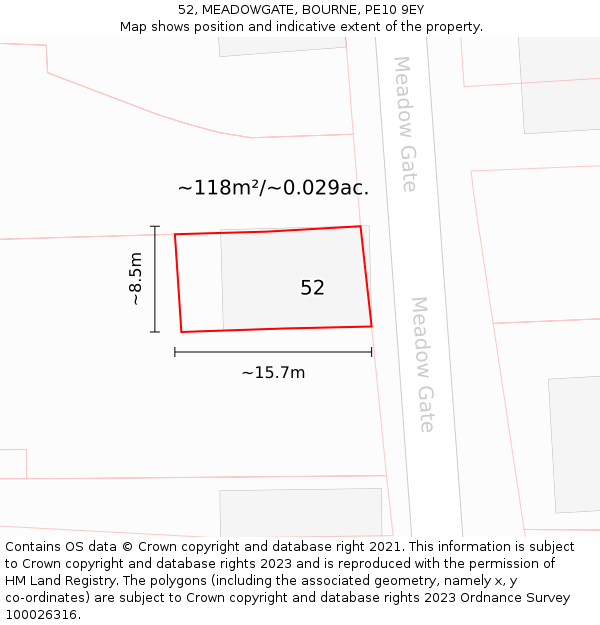 52, MEADOWGATE, BOURNE, PE10 9EY: Plot and title map