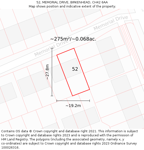 52, MEMORIAL DRIVE, BIRKENHEAD, CH42 6AA: Plot and title map