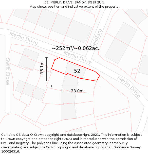 52, MERLIN DRIVE, SANDY, SG19 2UN: Plot and title map