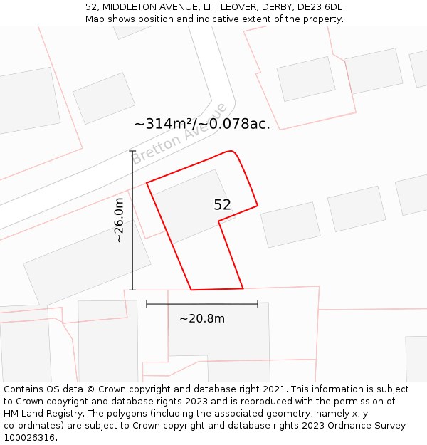 52, MIDDLETON AVENUE, LITTLEOVER, DERBY, DE23 6DL: Plot and title map