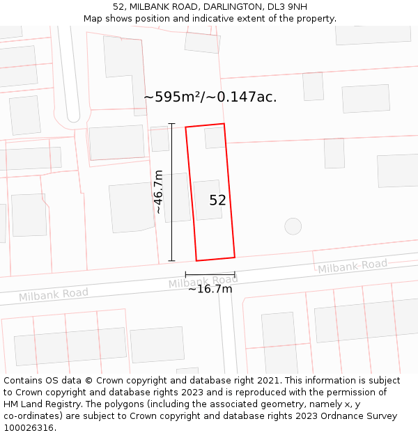 52, MILBANK ROAD, DARLINGTON, DL3 9NH: Plot and title map