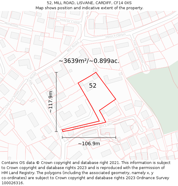 52, MILL ROAD, LISVANE, CARDIFF, CF14 0XS: Plot and title map