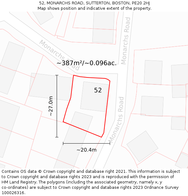 52, MONARCHS ROAD, SUTTERTON, BOSTON, PE20 2HJ: Plot and title map