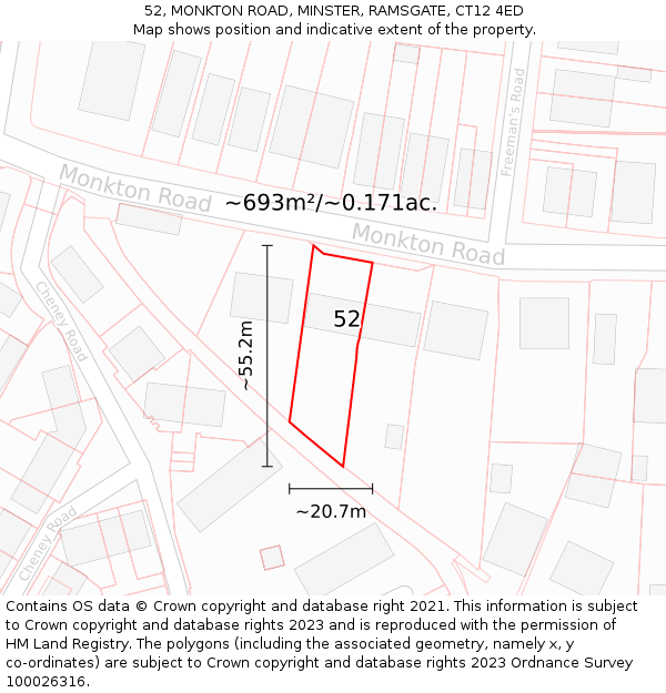 52, MONKTON ROAD, MINSTER, RAMSGATE, CT12 4ED: Plot and title map