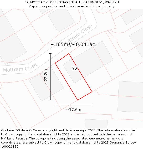 52, MOTTRAM CLOSE, GRAPPENHALL, WARRINGTON, WA4 2XU: Plot and title map