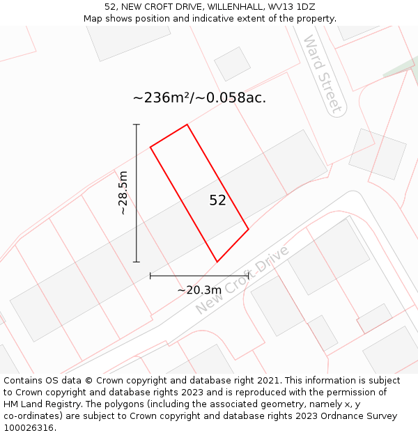 52, NEW CROFT DRIVE, WILLENHALL, WV13 1DZ: Plot and title map