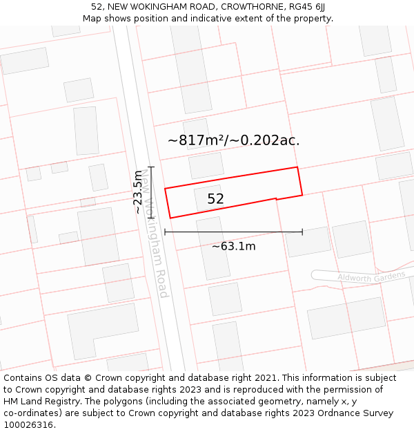 52, NEW WOKINGHAM ROAD, CROWTHORNE, RG45 6JJ: Plot and title map