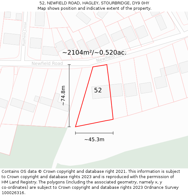 52, NEWFIELD ROAD, HAGLEY, STOURBRIDGE, DY9 0HY: Plot and title map