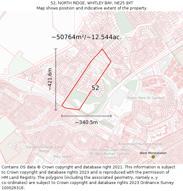 52, NORTH RIDGE, WHITLEY BAY, NE25 9XT: Plot and title map