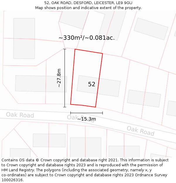 52, OAK ROAD, DESFORD, LEICESTER, LE9 9GU: Plot and title map