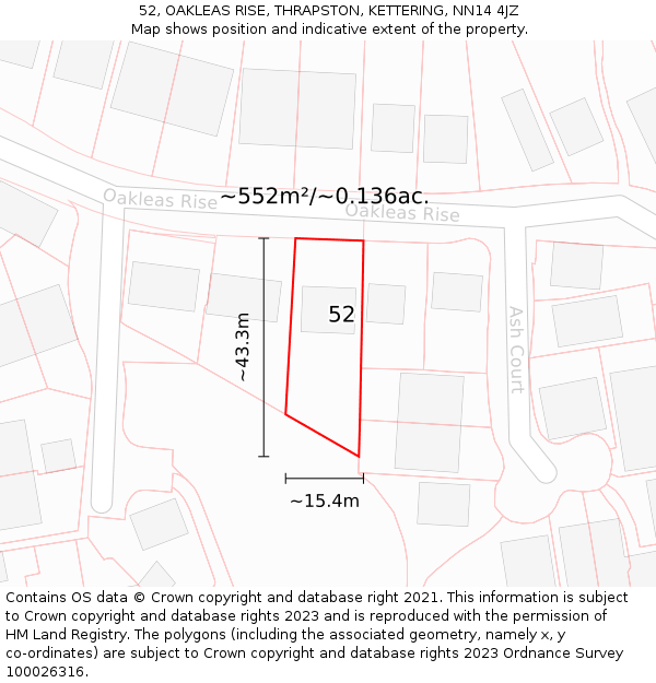 52, OAKLEAS RISE, THRAPSTON, KETTERING, NN14 4JZ: Plot and title map