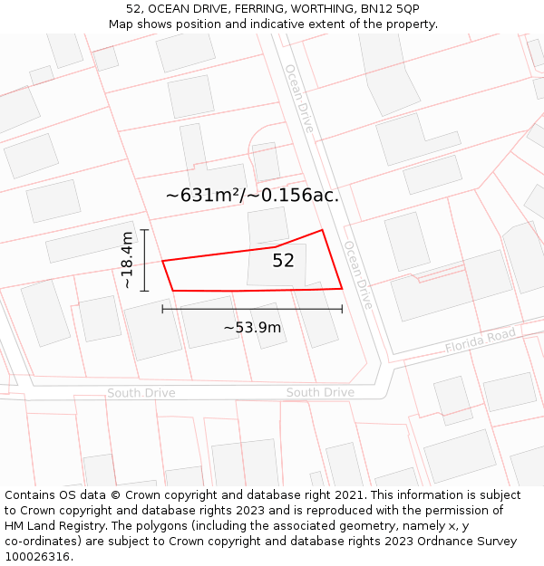 52, OCEAN DRIVE, FERRING, WORTHING, BN12 5QP: Plot and title map