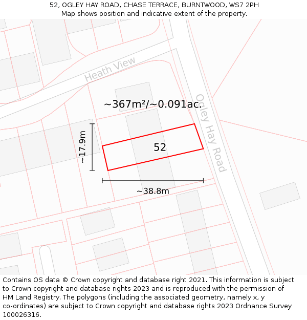 52, OGLEY HAY ROAD, CHASE TERRACE, BURNTWOOD, WS7 2PH: Plot and title map