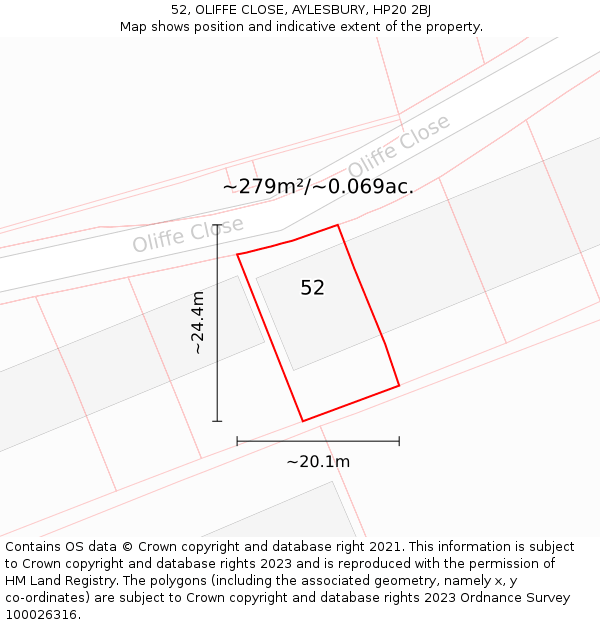 52, OLIFFE CLOSE, AYLESBURY, HP20 2BJ: Plot and title map