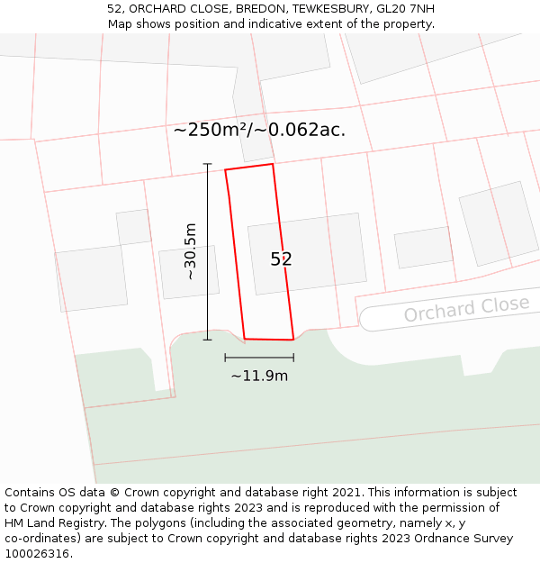 52, ORCHARD CLOSE, BREDON, TEWKESBURY, GL20 7NH: Plot and title map