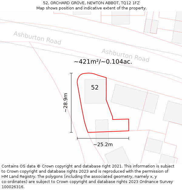 52, ORCHARD GROVE, NEWTON ABBOT, TQ12 1FZ: Plot and title map