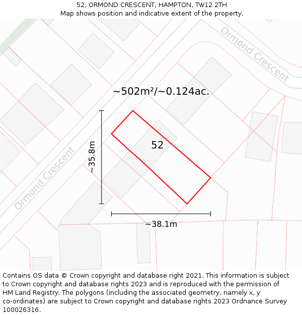 52, ORMOND CRESCENT, HAMPTON, TW12 2TH: Plot and title map