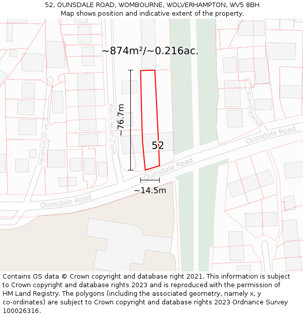 52, OUNSDALE ROAD, WOMBOURNE, WOLVERHAMPTON, WV5 8BH: Plot and title map