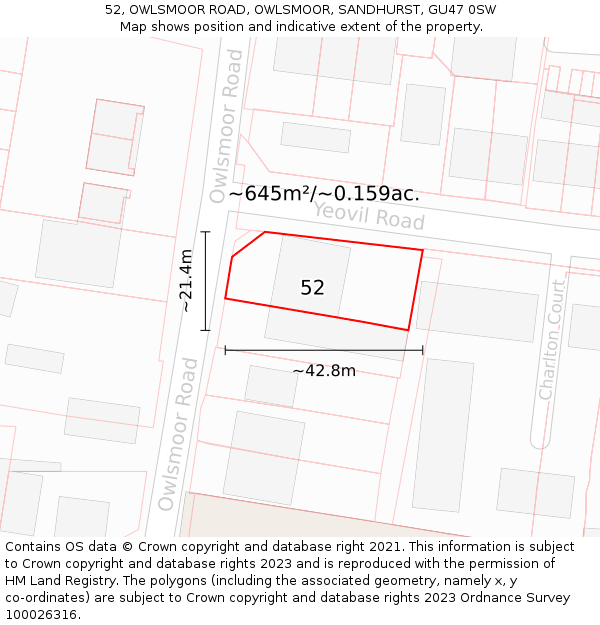 52, OWLSMOOR ROAD, OWLSMOOR, SANDHURST, GU47 0SW: Plot and title map