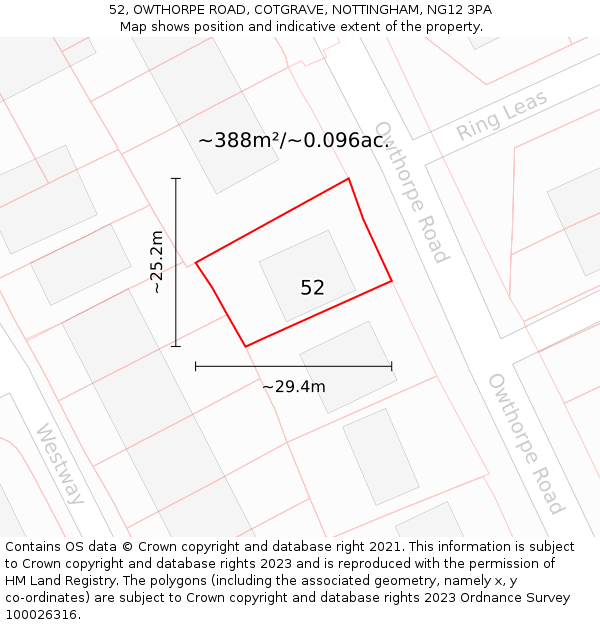 52, OWTHORPE ROAD, COTGRAVE, NOTTINGHAM, NG12 3PA: Plot and title map