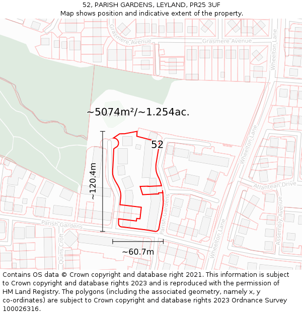 52, PARISH GARDENS, LEYLAND, PR25 3UF: Plot and title map