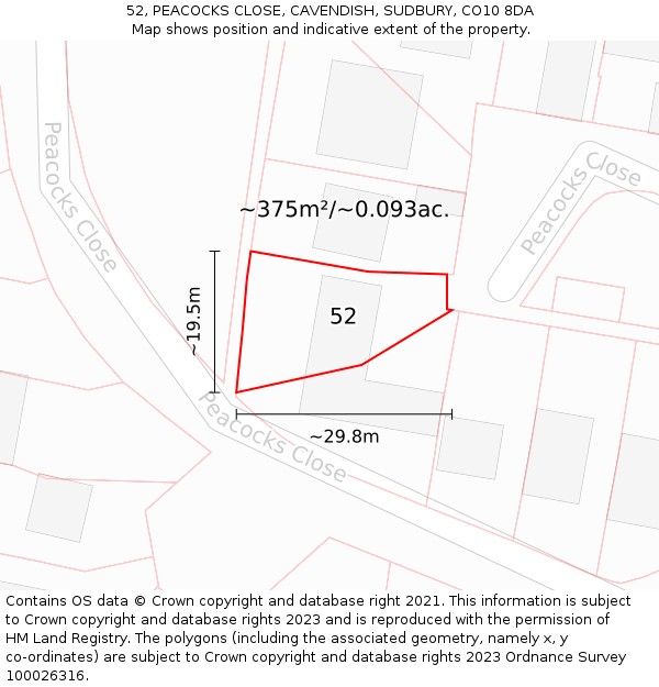 52, PEACOCKS CLOSE, CAVENDISH, SUDBURY, CO10 8DA: Plot and title map