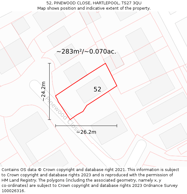 52, PINEWOOD CLOSE, HARTLEPOOL, TS27 3QU: Plot and title map