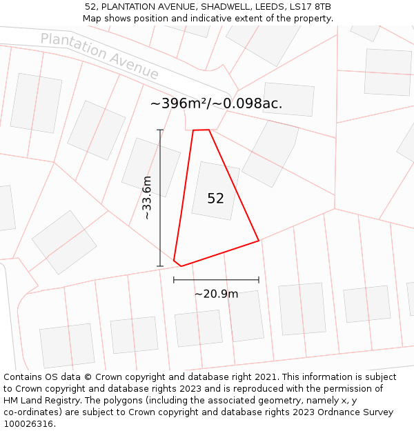 52, PLANTATION AVENUE, SHADWELL, LEEDS, LS17 8TB: Plot and title map